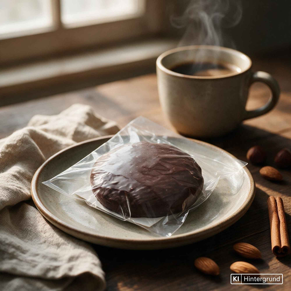 Einzelner Elisen-Lebkuchen von Dornauers Lebküchnerei, überzogen mit dunkler Schokolade, saftig und nussig.