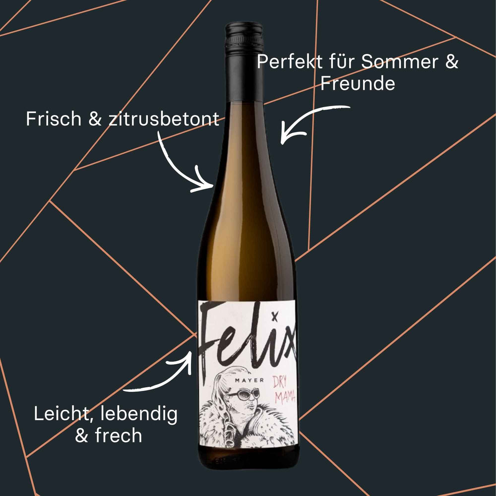 Flasche der weißen Cuvée „Dry Mama“ von Felix Mayer - fruchtig, frisch & vielseitig