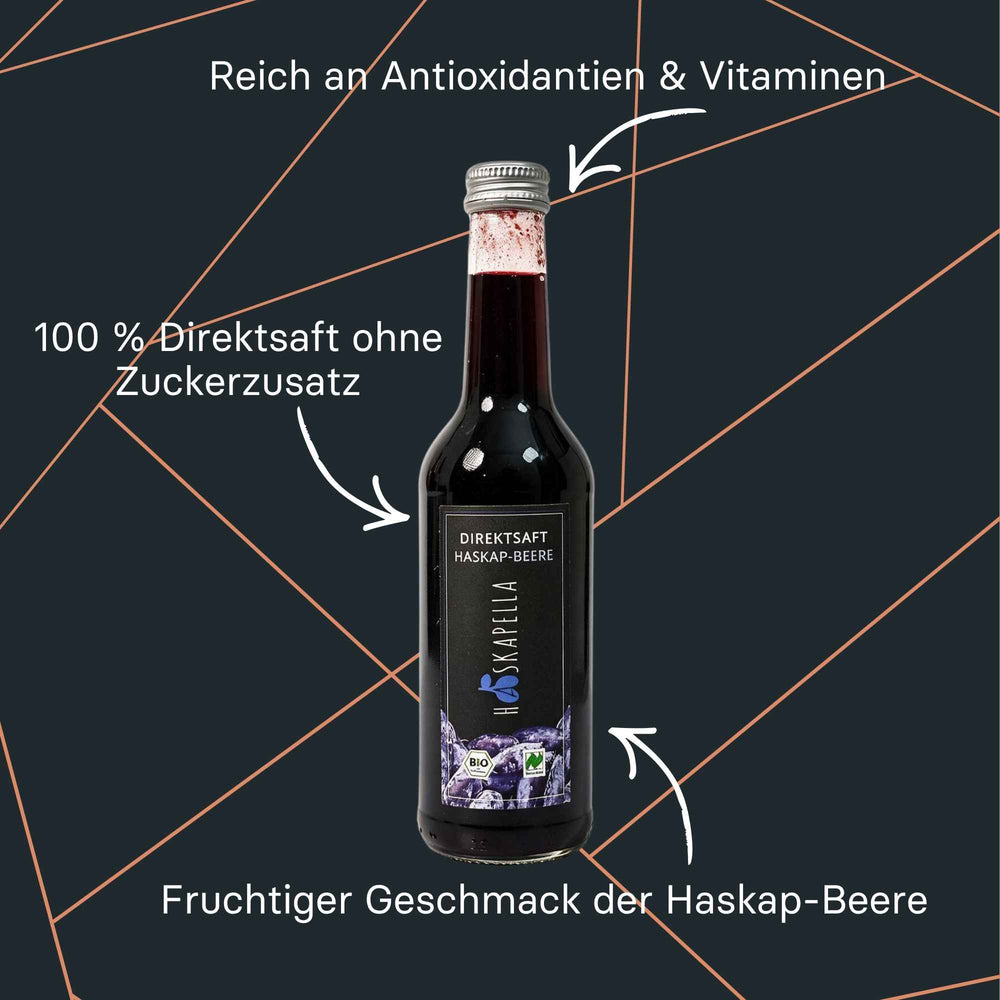 Flasche mit Haskap-Direktsaft aus Bio-Beeren, naturtrüb und tiefrot