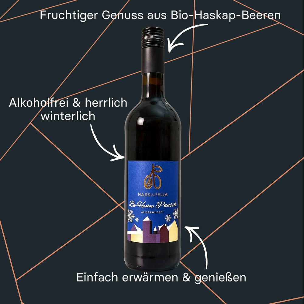 Flasche Haskap Punsch - fruchtiger Punsch aus Haskapbeeren in winterlicher Optik.