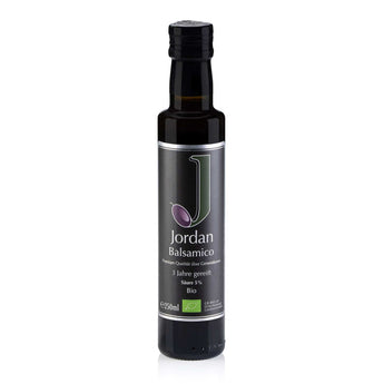 Jordan Bio Balsamico Essig in der Flasche, dunkelbraune Farbe