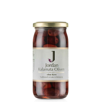 Jordan Kalamata Oliven ohne Stein, dunkelviolette Oliven im Glas