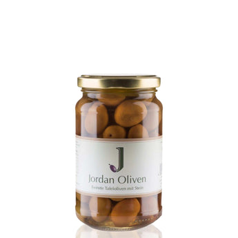 Jordan Oliven von Lesbos, grüne Oliven im Glas