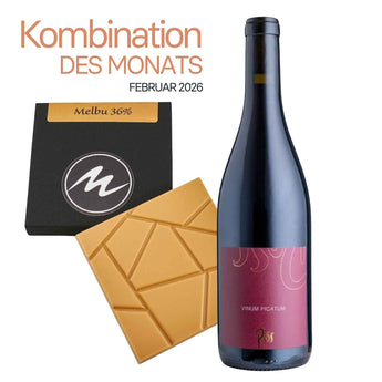 Kombination aus Rotweincuvée Vinum Picatum und weißer Schokolade Melbu 36 %