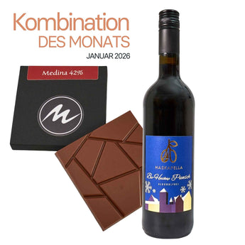 Kombination aus Haskap-Punsch und Medina 42% Schokolade von Maasz Schokolade.