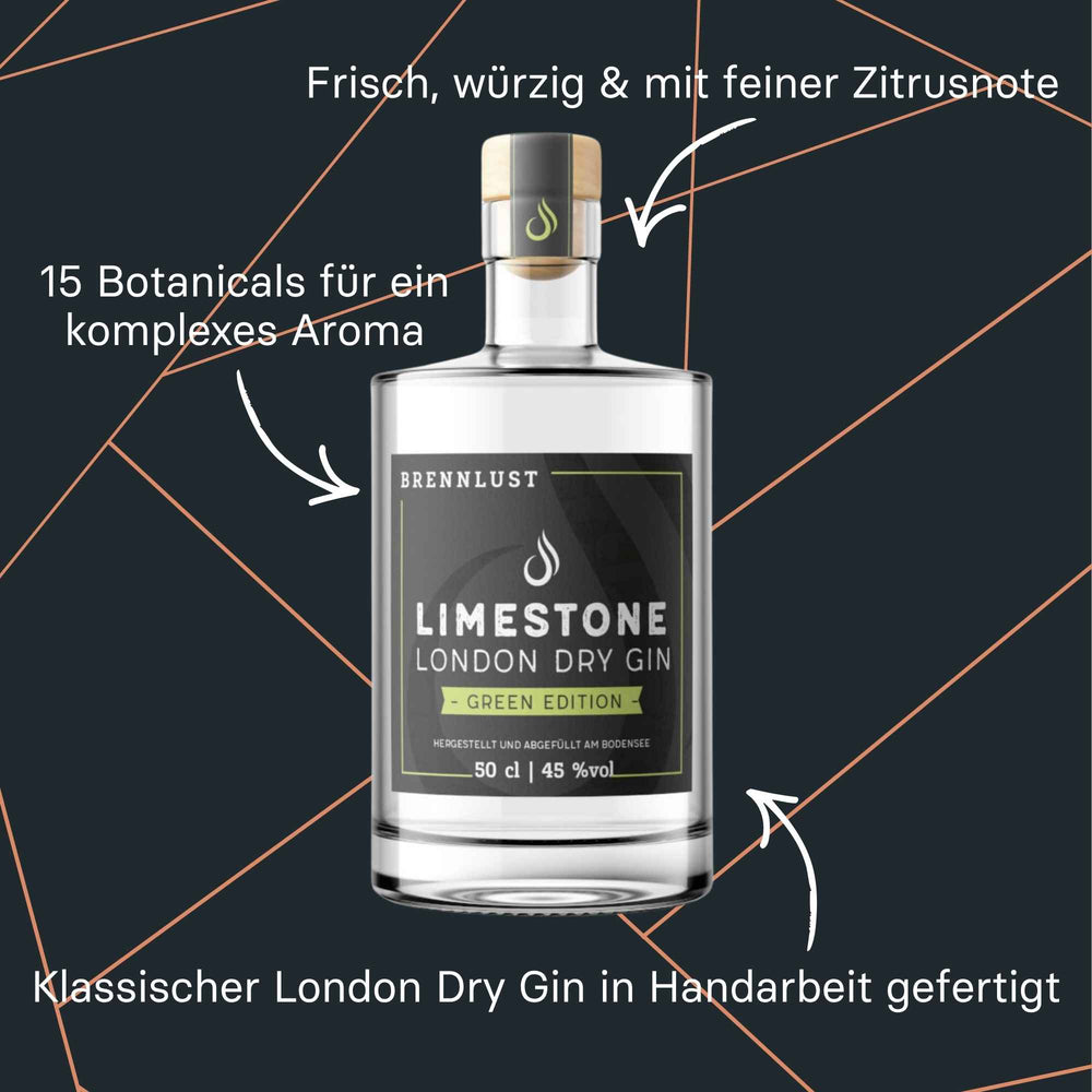 Brennlust Limestone London Dry Gin Green Edition - zitrusbetonter Gin in eleganter Flasche.