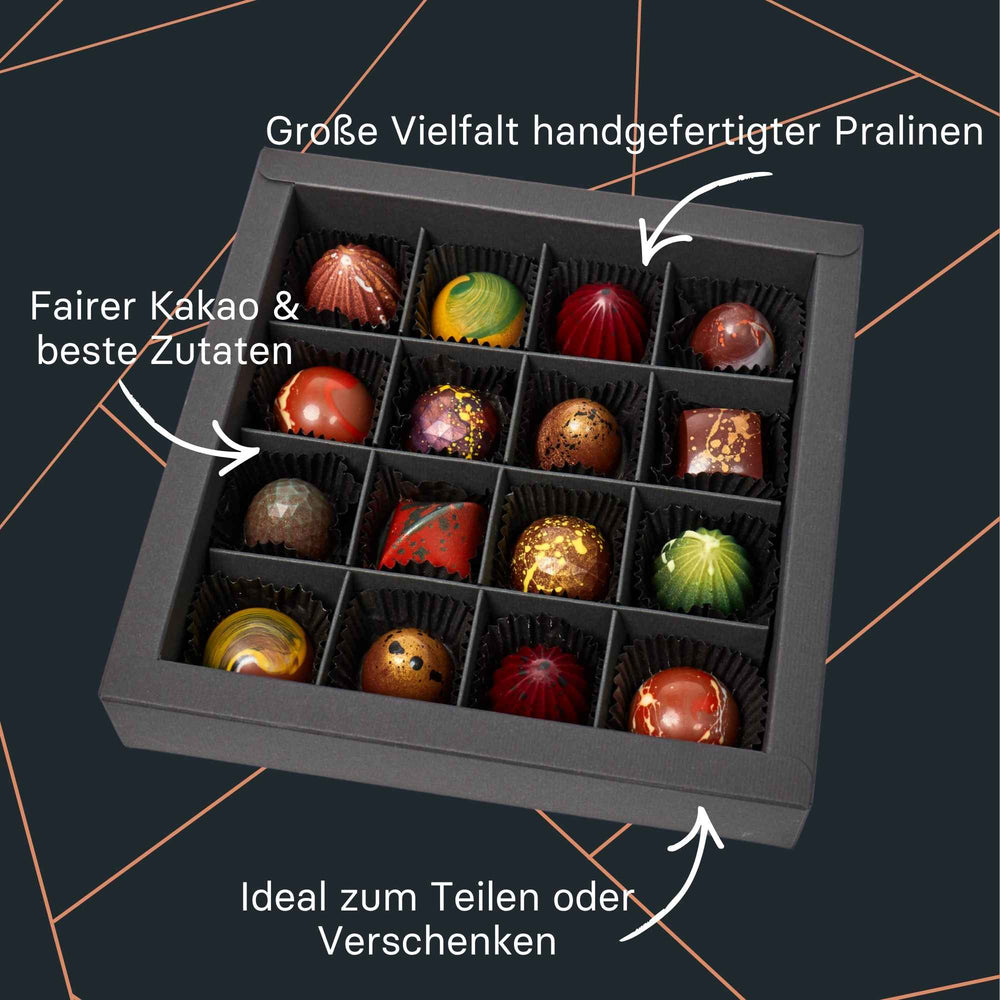 16 verschiedene handgemachte Pralinen in einer eleganten Box von Maasz Schokolade