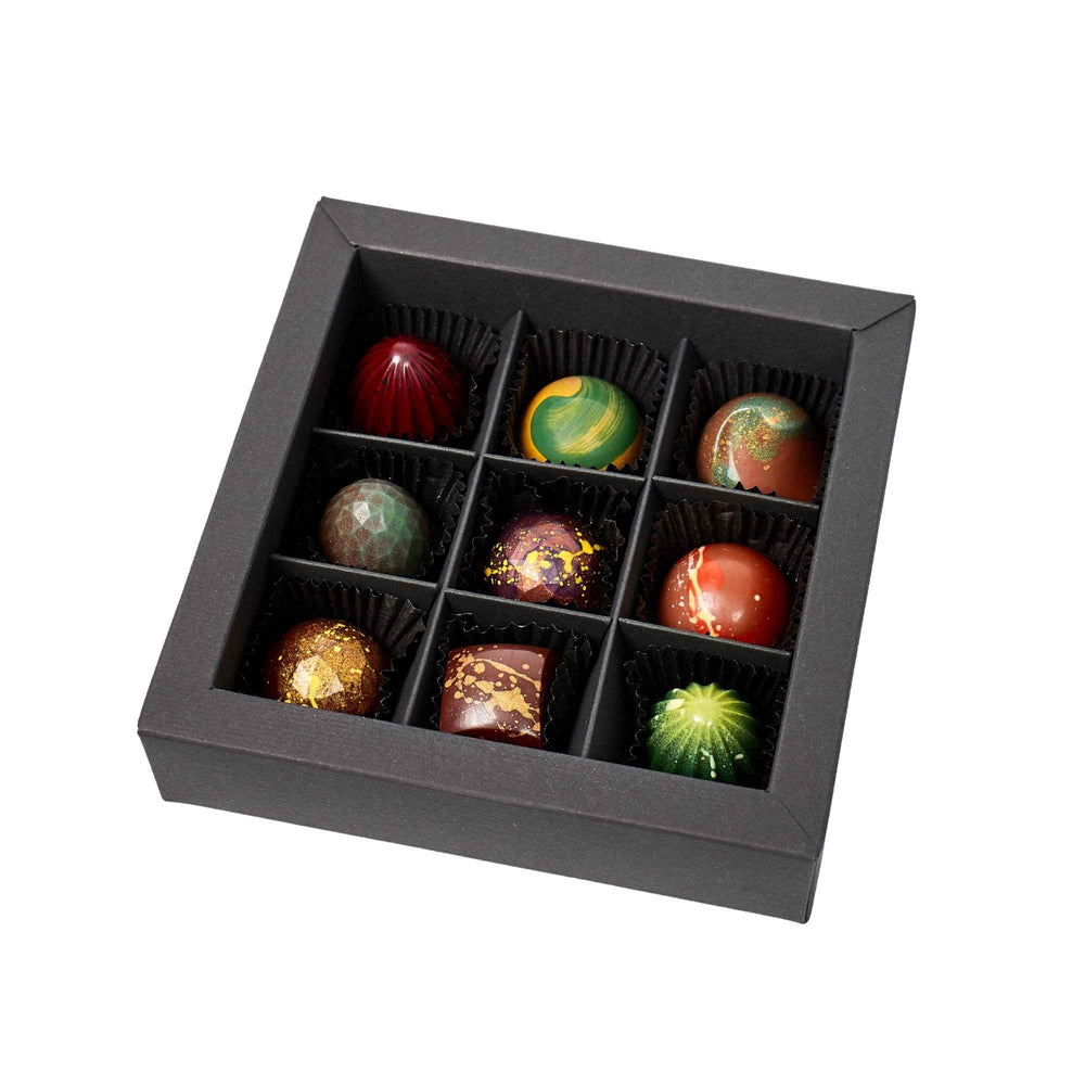 Bunte Pralinenbox mit verschiedenen handgemachten Pralinen in Zartbitter, Vollmilch und Weißer Schokolade