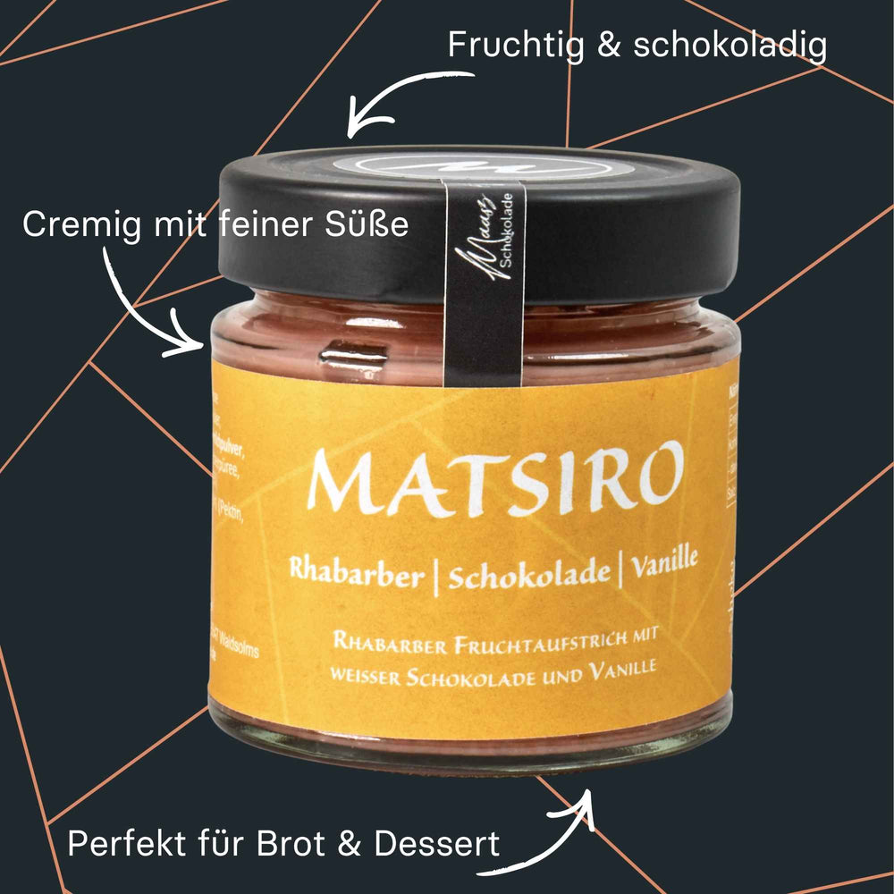 Maasz Matsiro Aufstrich im Glas, cremig mit Rhabarber und weisser Schokolade