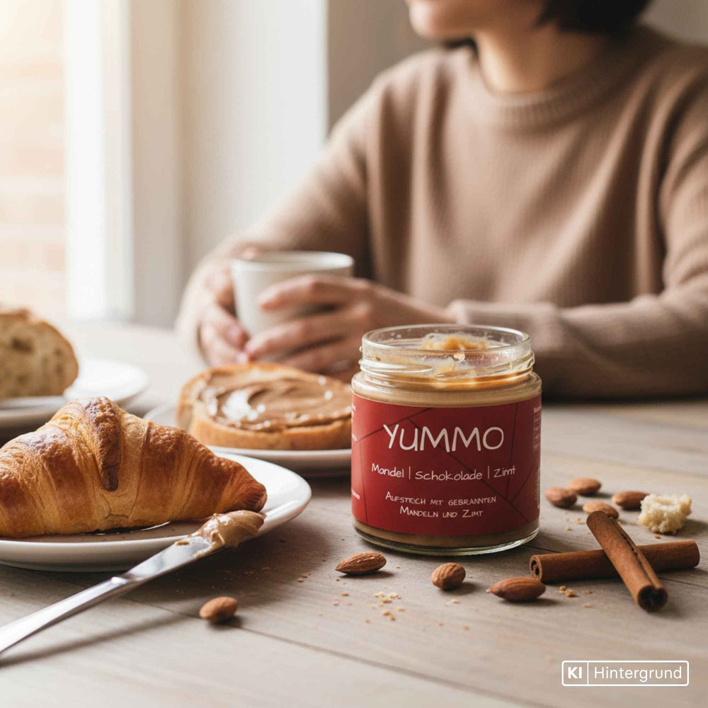 Maasz Yummo Aufstrich im Glas, cremig mit gebrannten Mandeln