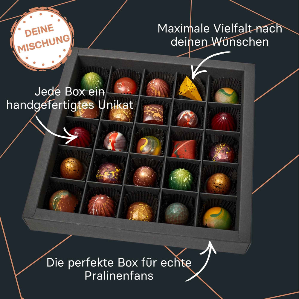Pralinenbox mit 25 individuell wählbaren handgemachten Pralinen in edler Verpackung