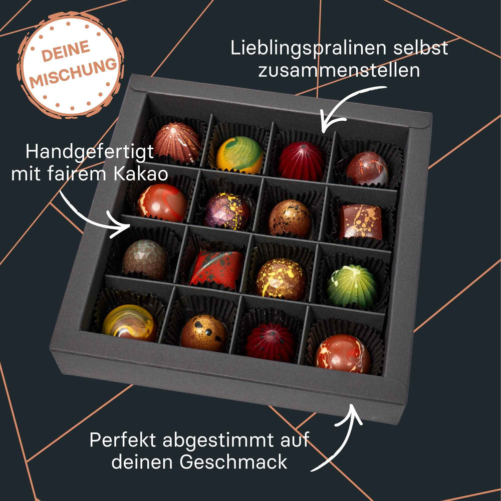 Pralinenbox mit 16 individuell wählbaren handgemachten Pralinen in edler Verpackung