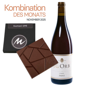 Kombination aus Rotwein INDIZ & Kumasi 49 % Schokolade mit Kakaonibs und Meersalz