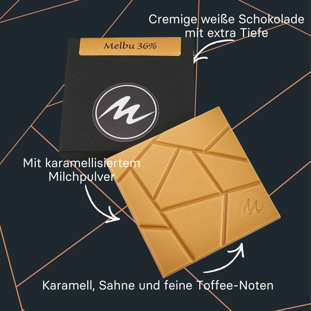 Melbu Tafelschokolade von Maasz, weiße Tafel mit karamellfarbenem Schimmer