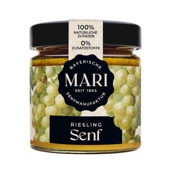 Riesling Senf von Mari Senf, zweifarbige Senfkörner im Glas