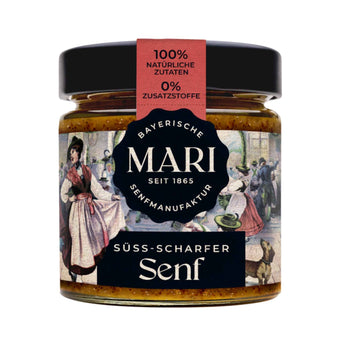 Süß-scharfer Senf von Mari Senf, karamellfarben im Glas