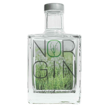 Flasche Norgin London Dry Gin mit maritimem Etikett auf hellem Untergrund