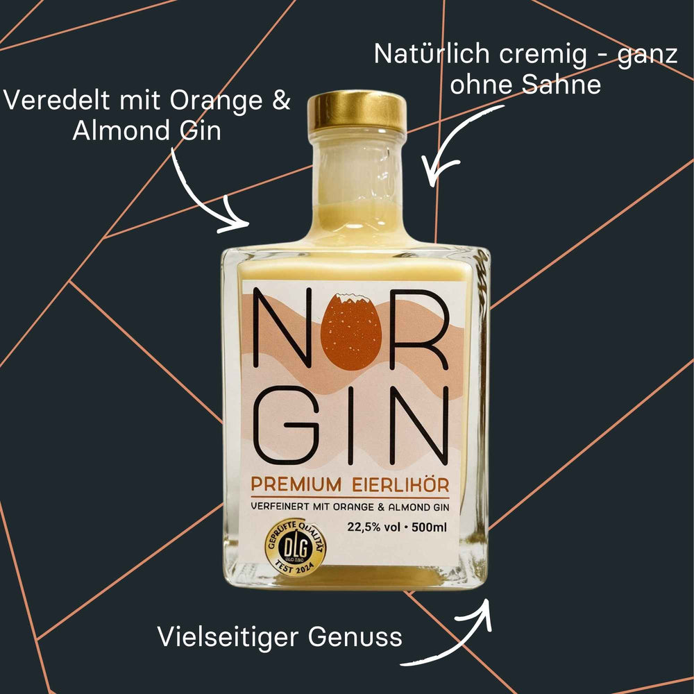 Flasche Norgin Eierlikör auf Basis von Orange & Almond Gin, cremig und elegant