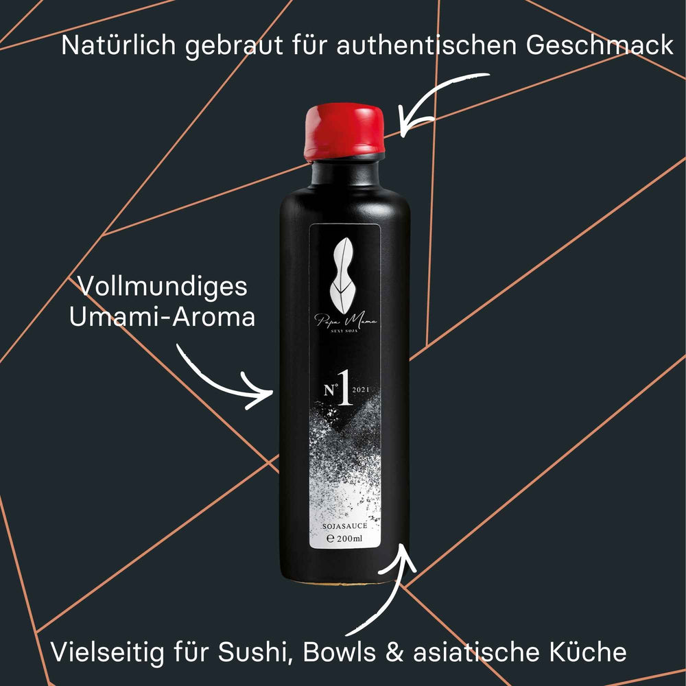 Papa Mame Sexy Soja Blend No.1, rehbraune Sojasauce in Keramikflasche