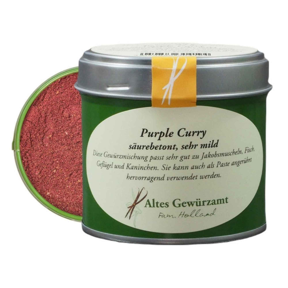 Purple Curry Gewürzmischung vom Alten Gewürzamt - violette, blumig-würzige Mischung in einer grünen Dose.