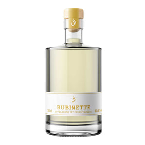 Brennlust Rubinette - fruchtiger Apfelbrand aus Rubinette-Äpfeln in klarer Flasche.