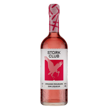 Flasche Stork Club Rhubarb Gin Liqueur mit modernem Etikett in Rosa-Rot