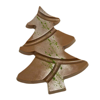 Tafel aus Vollmilchschokolade in festlicher Tannenform mit weihnachtlichem Design