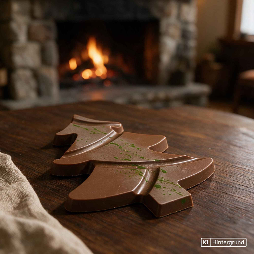 Tafel aus Vollmilchschokolade in festlicher Tannenform mit weihnachtlichem Design
