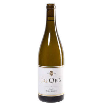 Flasche Fumé Blanc vom Weingut Orb - Weißwein mit heller Etikette auf hellem Untergrund