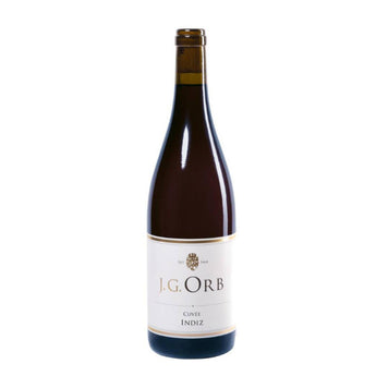 Flasche INDIZ Rotwein Cuvée vom Weingut Orb mit weißem Etikett und kraftvollem Ausdruck