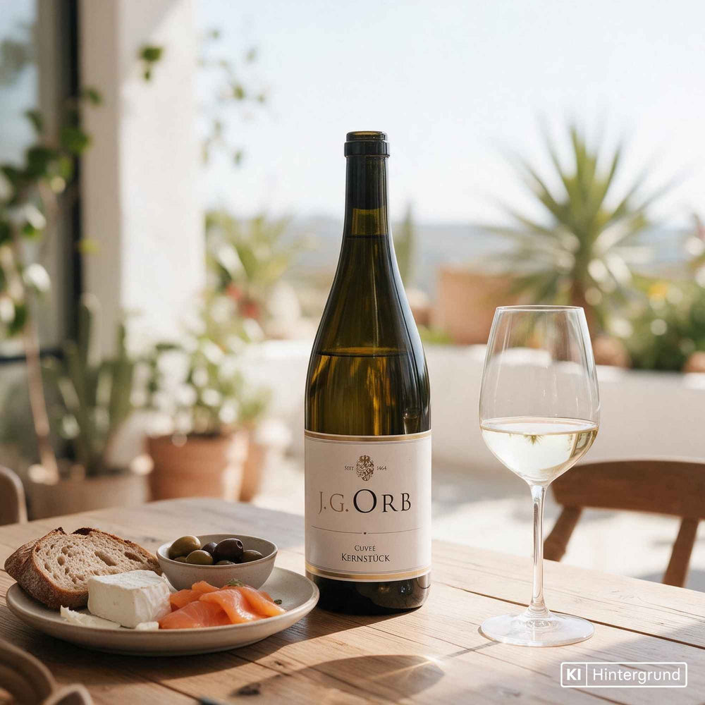 Flasche Kernstück Weißwein-Cuvée vom Weingut Orb mit heller Etikettierung