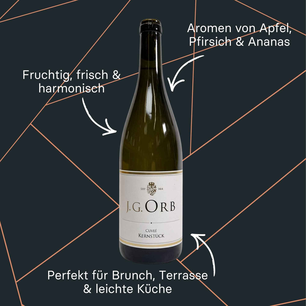 Flasche Kernstück Weißwein-Cuvée vom Weingut Orb mit heller Etikettierung
