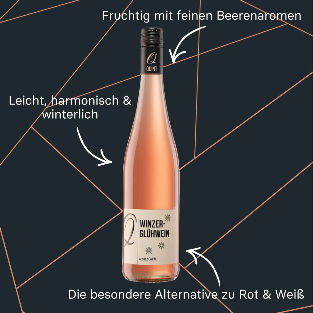 Winzer-Glühwein rosé „Ein Wintermärchen“ vom Weingut Quint in klarer Flasche mit schlichtem Etikett.