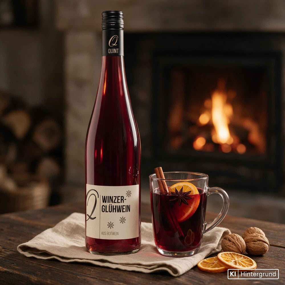 Winzer-Glühwein rot „Ein Wintermärchen“ vom Weingut Quint in klarer Flasche mit schlichtem Etikett.
