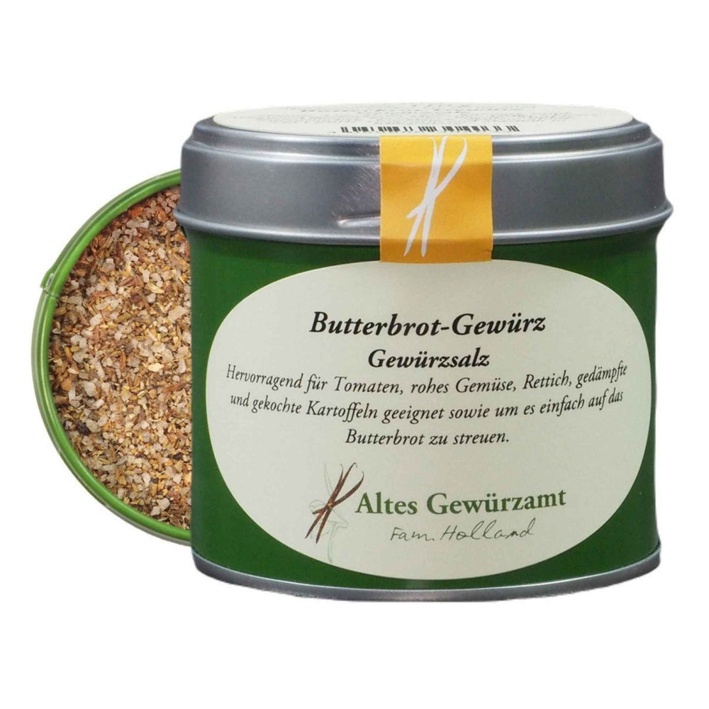 Butterbrot Gewürz vom Alten Gewürzamt - würzige Mischung mit Kümmel, Rauchsalz und Kräutern einer grünen Dose.
