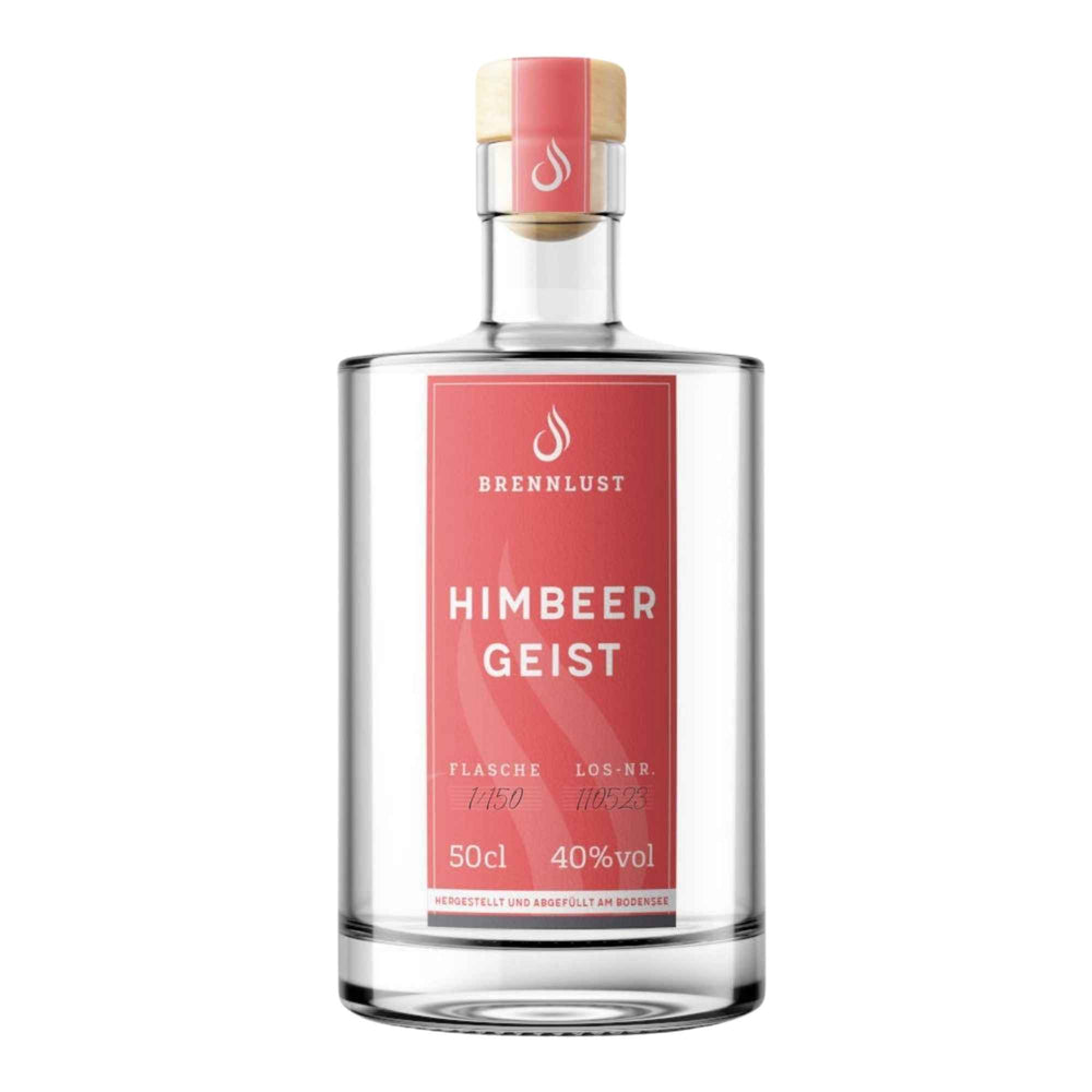 Brennlust Himbeergeist - klare, fruchtige Spirituose aus Himbeeren in transparenter Flasche.
