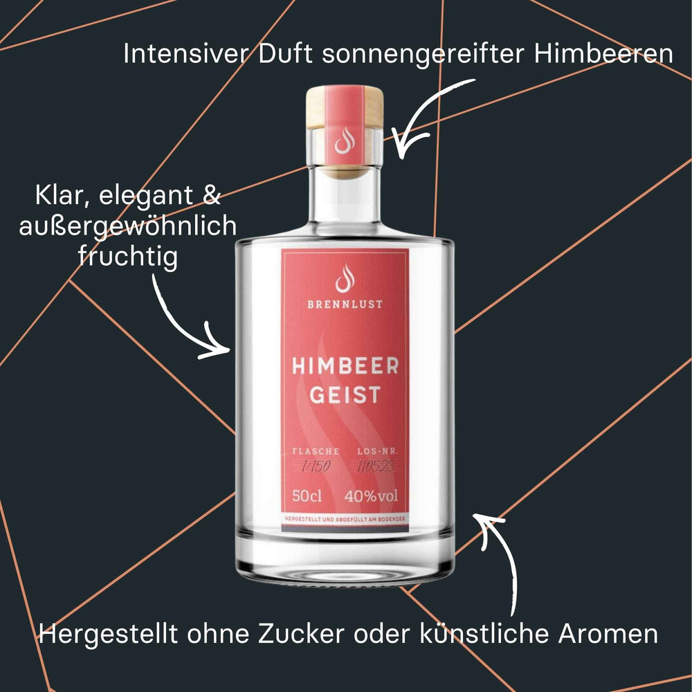 Brennlust Himbeergeist - klare, fruchtige Spirituose aus Himbeeren in transparenter Flasche.

