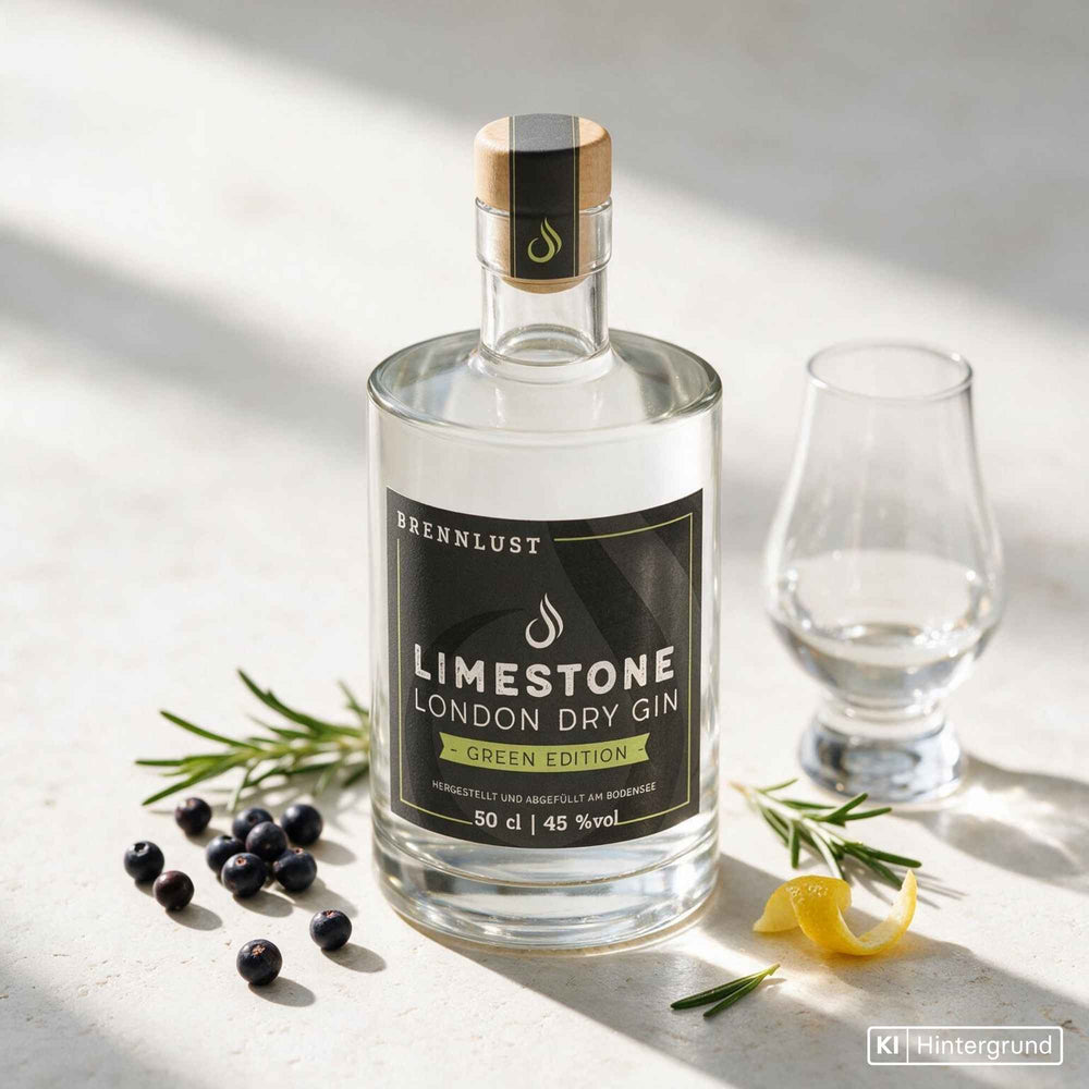 Brennlust Limestone London Dry Gin Green Edition - zitrusbetonter Gin in eleganter Flasche.
