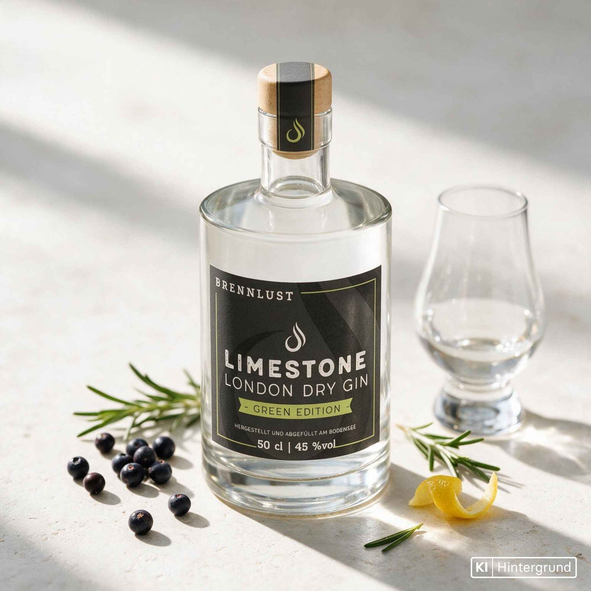 Brennlust Limestone London Dry Gin Green Edition - zitrusbetonter Gin in eleganter Flasche.
