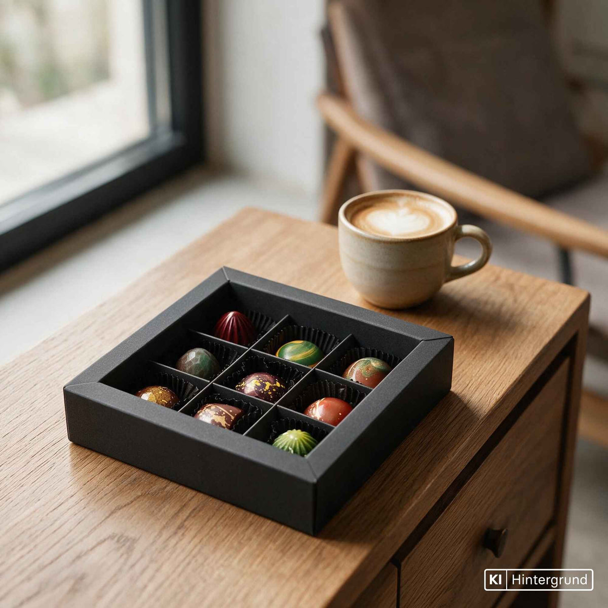 Bunte Pralinenbox mit verschiedenen handgemachten Pralinen in Zartbitter, Vollmilch und Weißer Schokolade