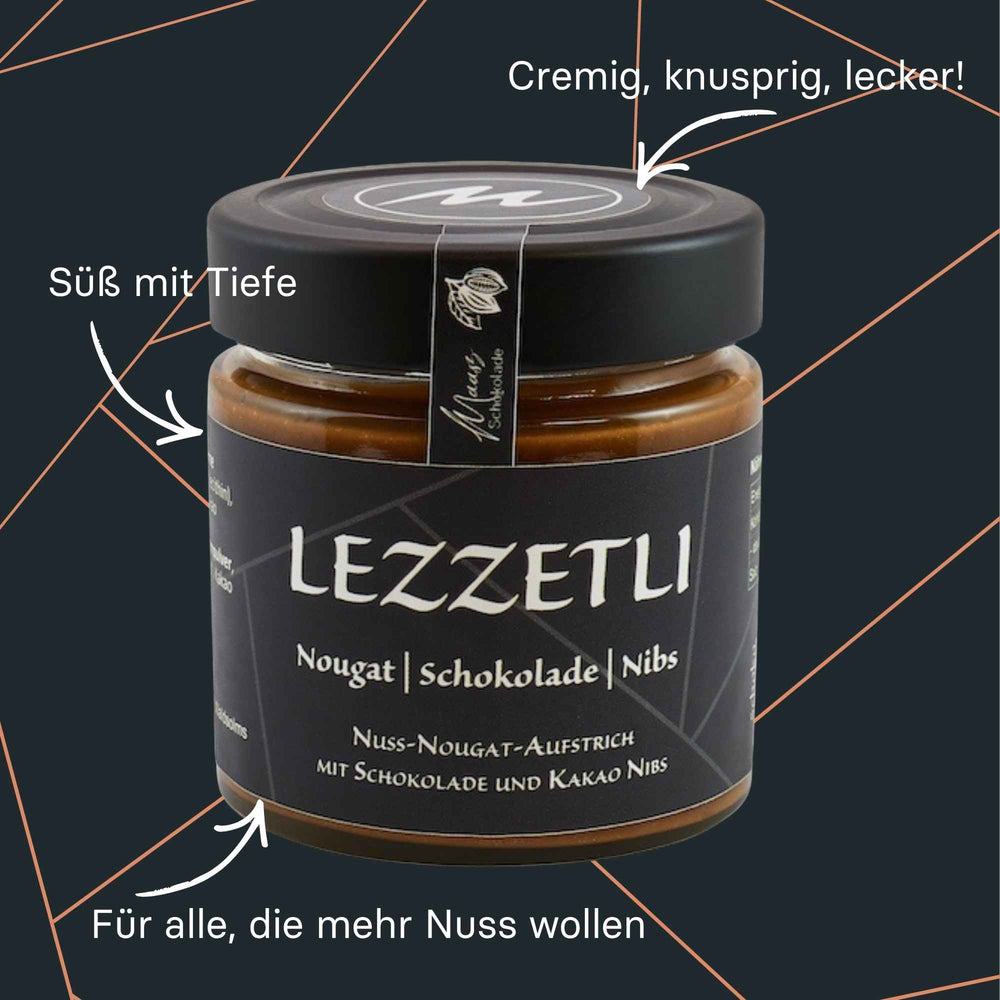 Maasz Lezzetli Aufstrich im Glas, cremig mit Haselnuss, Kakaonibs und Meersalz