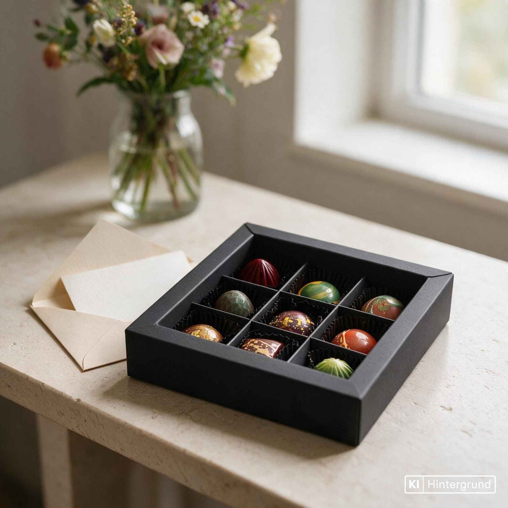 Pralinenbox mit 9 individuell wählbaren handgemachten Pralinen in edler Verpackung