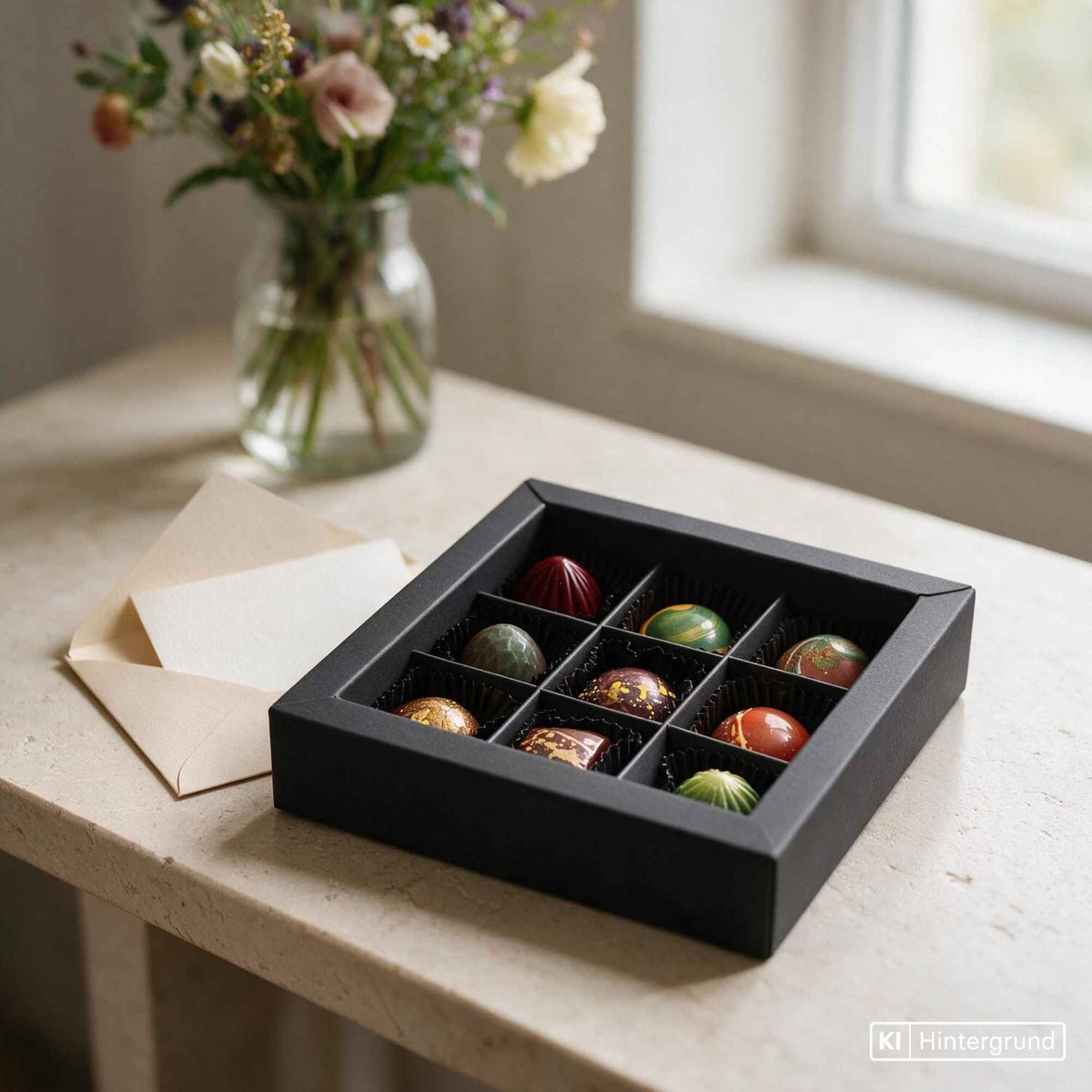 Pralinenbox mit 9 individuell wählbaren handgemachten Pralinen in edler Verpackung