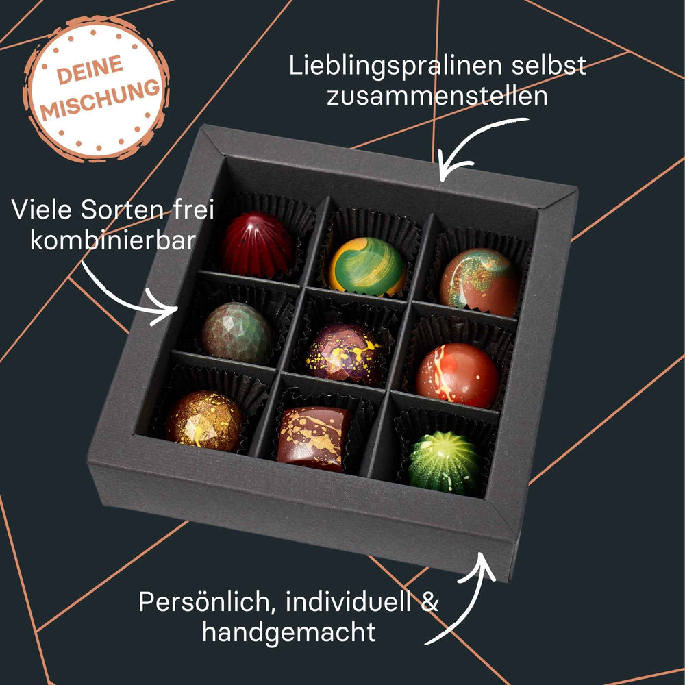 Pralinenbox mit 9 individuell wählbaren handgemachten Pralinen in edler Verpackung