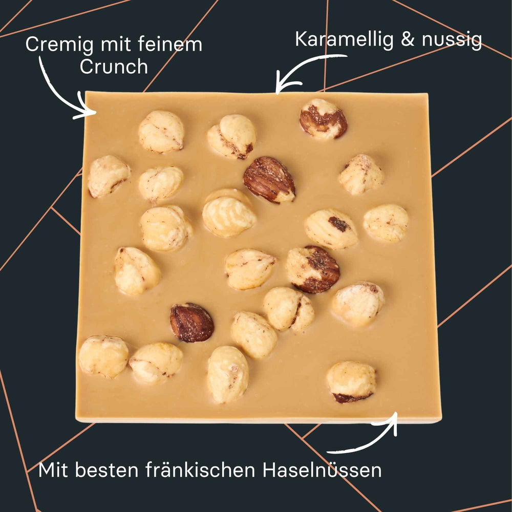 Tafelschokolade No.1 - Blonde Nuss von Maasz Schokolade - karamellisierte weisse Schokolade trifft auf fränkische Haselnüsse