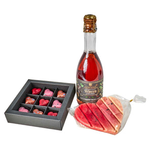 Geschenkpaket mit Pralinenbox, Herztafel und alkoholfreiem ViSecco von Maasz Schokolade