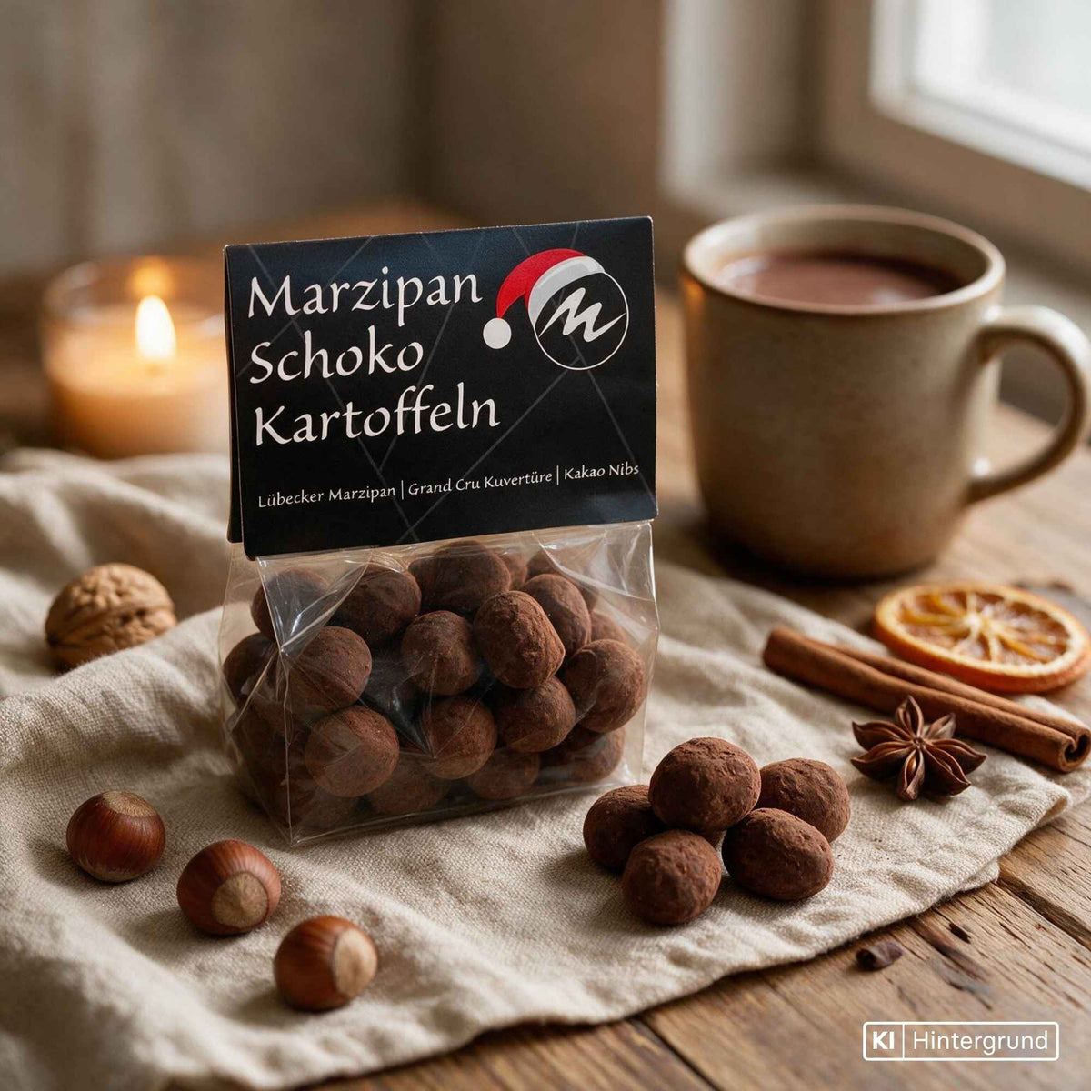 Marzipan-Schoko-Kartoffeln mit Kakaonibs, Kuvertüre und Kakao, handgerollt