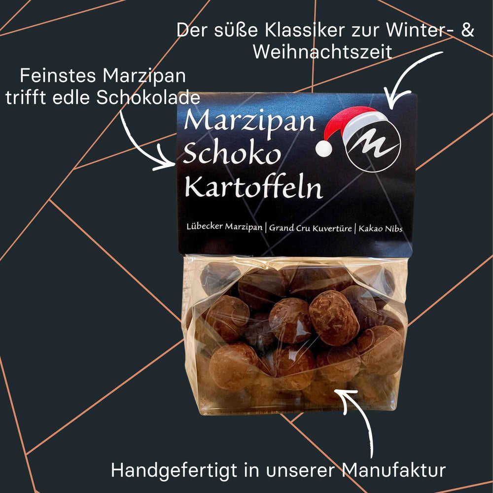 Marzipan-Schoko-Kartoffeln mit Kakaonibs, Kuvertüre und Kakao, handgerollt
