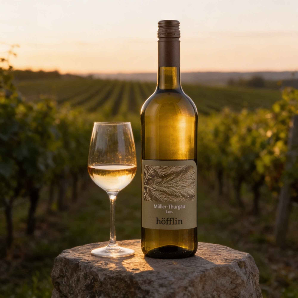 Flasche Müller-Thurgau Löss vom Weingut Höfflin in den Weinbergen