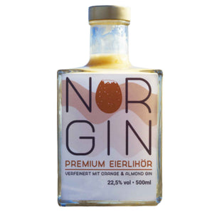 Flasche Norgin Eierlikör auf Basis von Orange & Almond Gin, cremig und elegant